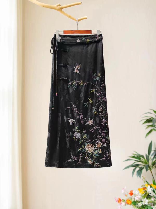レディース ファッション チャイナ風 刺繍 スカート 中国 ジャカード 黒 ロング スカート
