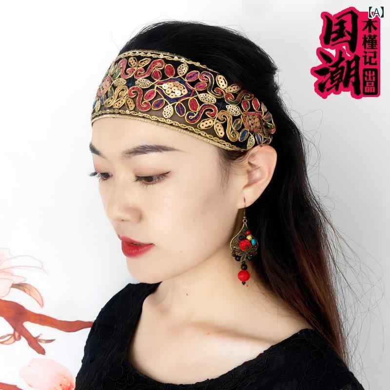 ヘアアクセサリー レディース 中国 刺繍 花 頭飾り つば広い バンド ヘッド バンド プレス エスニック ヘッド バンド ピン