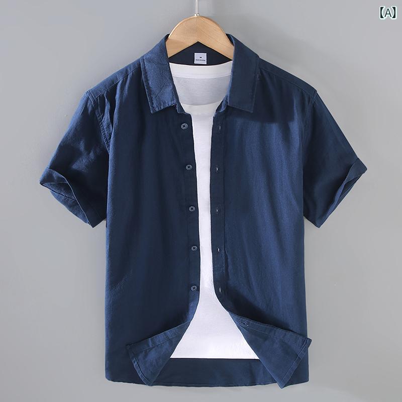 メンズ ファッション 半袖 シャツ 夏 トップス レトロ 綿 リネン 薄手 通気性 無地 カジュアル リネン