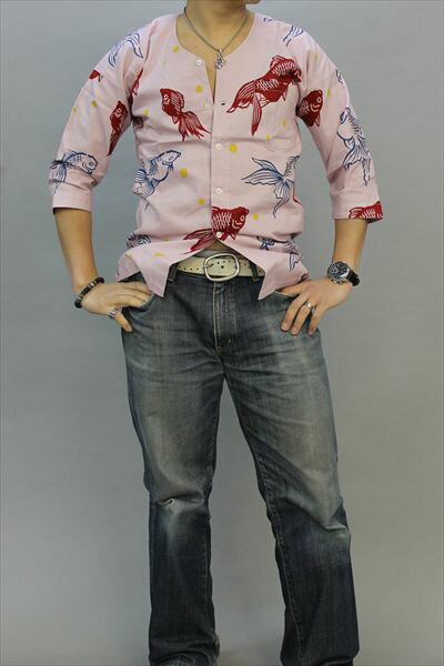 鯉口シャツ大人ピンク地に金魚 メール対応しております。鯉口シャツ 花柄 祭り 和柄 制服 飲食店 和食店 居酒屋 ユニフォーム 男性 メンズ 女性 レディース ...