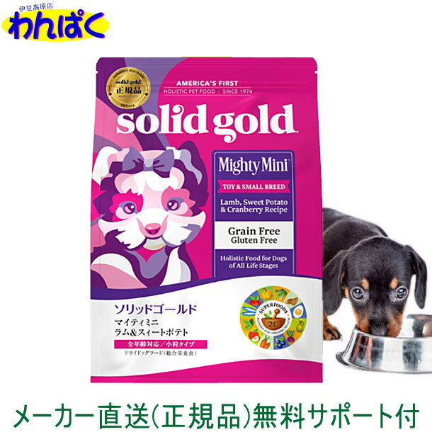 楽天わんぱく 猫犬用品専門店【クーポン有】 ソリッドゴールドマイティミニ 1kg 小粒 ラム&スイートポテト ドッグフード 無添加 アレルギー ドライフード 安全 皮膚 痒み KMT 送料無 他お試しフードサンプル有 AL0