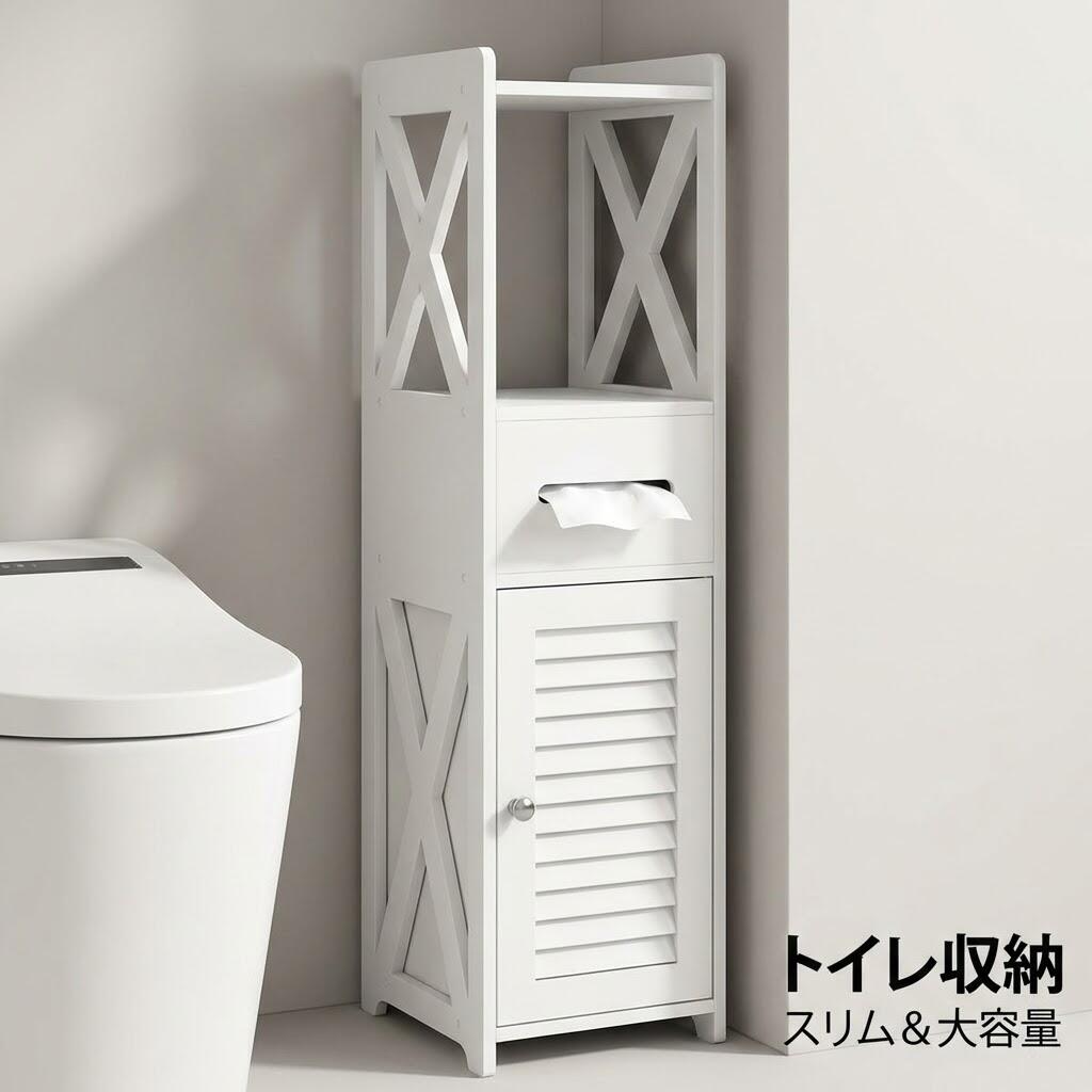 トイレ収納ラック スリム ホワイト 高さ80cm トイレットペーパー タオル 洗剤収納 北欧風 木製プラスチック素材 すき間収納 トイレ 玄関 リビング用