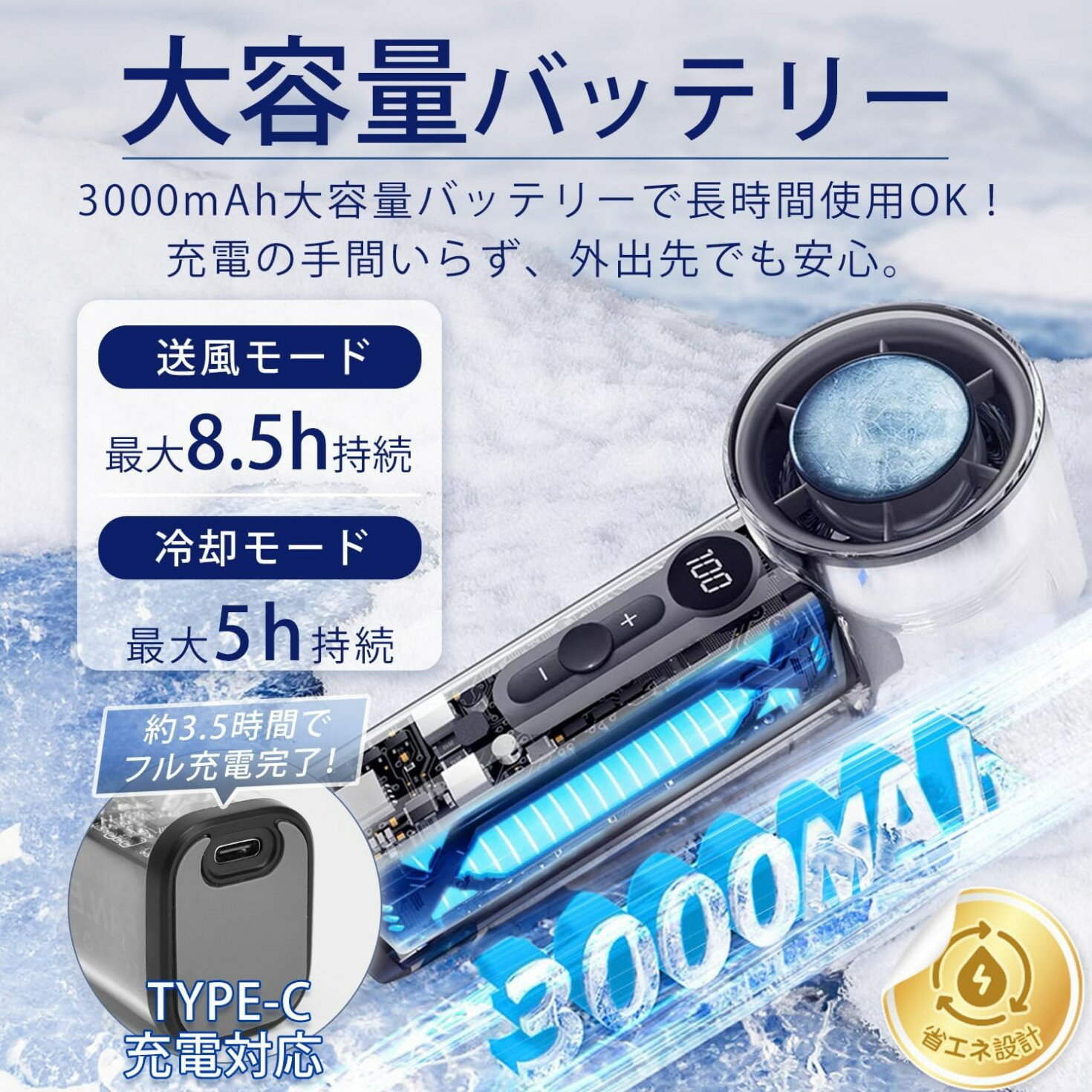 ターボ冷却 ハイスピード100段階調整 ハンディファン｜透明メカデザイン｜超静音＆半導体冷却｜3000mAh大容量｜ABS/アルミ合金/ステンレス製｜オフィス/車内/防災に最適