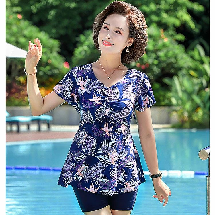 水着 レディース セパレート水着 40代 50代 60代 シニア ワンピース vネック おしゃれ 総柄 2点セット ワンピース水着 ショートパンツ 体型カバー 大きいサイズ ママ 露出控え 保守 中高年 温泉 お母さん スイムウェア