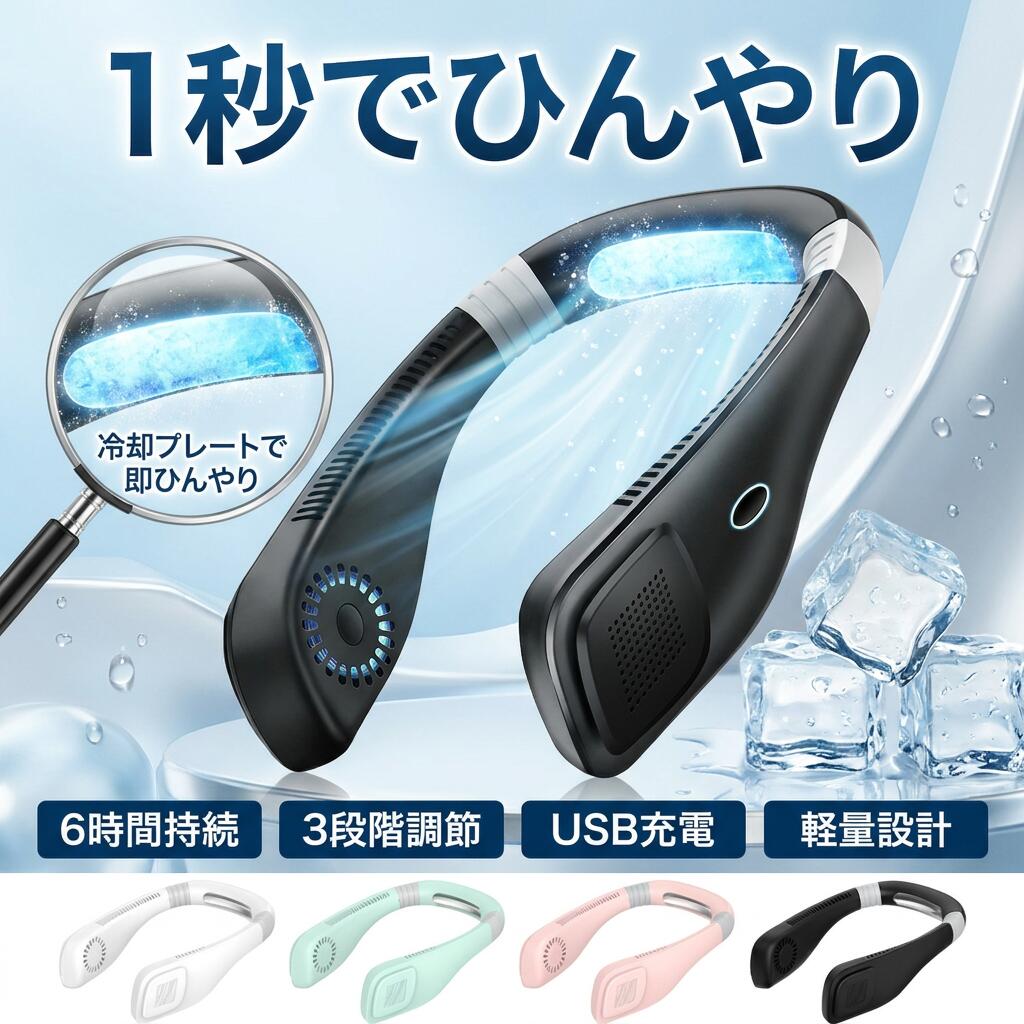 【1秒急速冷却】冷却プレート付 ネッククーラー 首かけ 扇風機 羽なし 軽量 首掛け ネックファン 携帯扇風機 3段階 USB充電 2000mAh 6h持続 ハンディ mini ミニファン ポイント消化 プレゼント ギフト 人気 おすすめ 母の日 父の日 誕生日