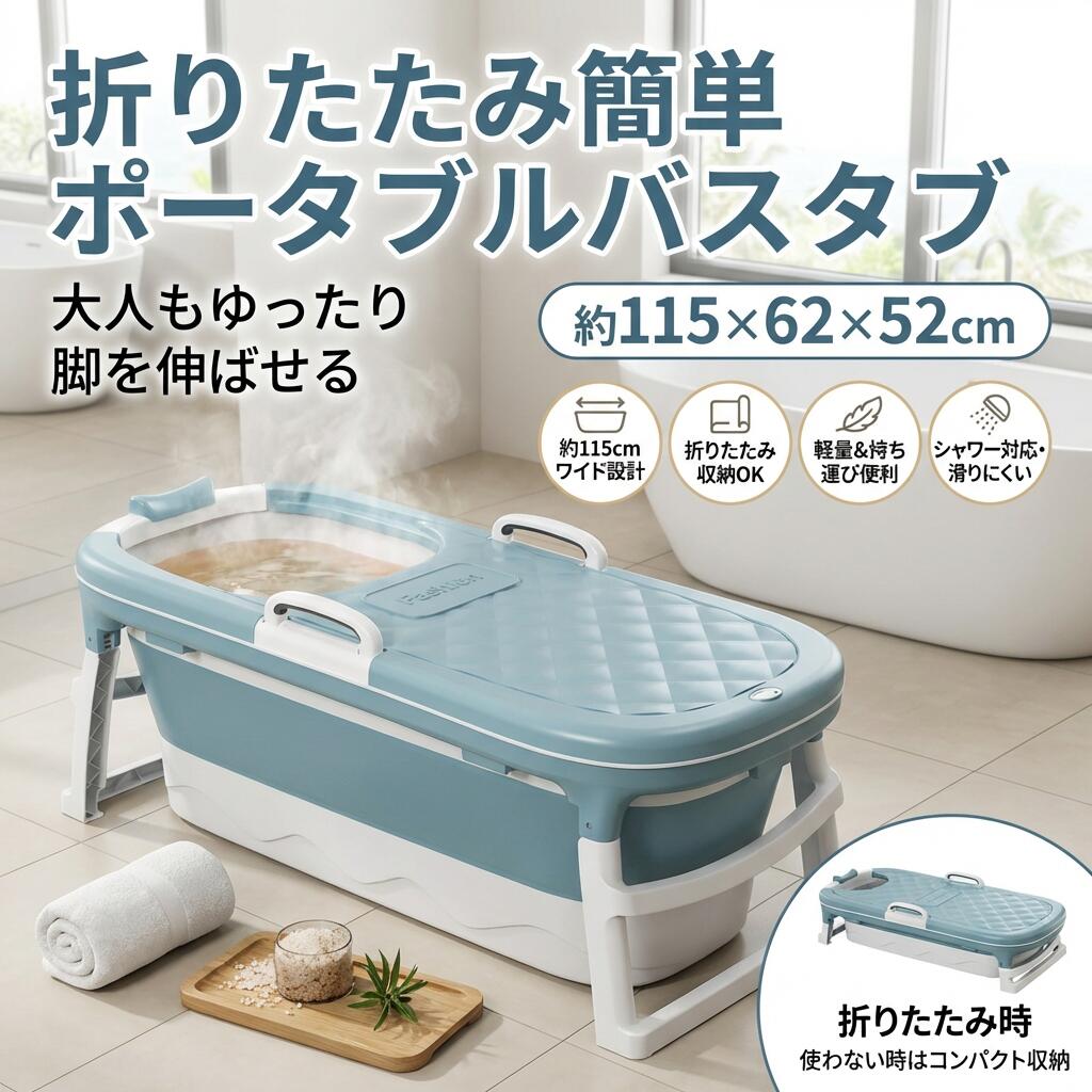 カラー： ブルー、ライトブルー、薄ピンク サイズ：115*62*52 商品の特徴 1.折りたたみバスタブは収納が簡単だけでなく、スピースをとらません。 2.TPEとPP素材で作られてBPAが含まれていません。耐久性に優れ、水が漏れなく、何度も折り畳んでも変形しません。 3.108人間工学的なデザインで、頸椎のプレッシャーを和らげて、腰の疲れを和らげます。 カラー： ブルー、ライトブルー、薄ピンク サイズ：115*62*52 商品の特徴 1.折りたたみバスタブは収納が簡単だけでなく、スピースをとらません。 2.TPEとPP素材で作られてBPAが含まれていません。耐久性に優れ、水が漏れなく、何度も折り畳んでも変形しません。 3.108人間工学的なデザインで、頸椎のプレッシャーを和らげて、腰の疲れを和らげます。 検索関連ワード 折り畳みバスタブ, ポータブル浴槽, 簡易風呂, お風呂桶, 浴槽, 大人用バスタブ, 子供用バスタブ, 収納便利, 持ち運び可能, キャンプ用バスタブ, アウトドア浴槽, 軽量バスタブ, 省スペース, シンプルデザイン, 滑り止め, 設置簡単, ストレスフリー, 耐久性, BPAフリー, 人間工学的デザイン, リラックス, おしゃれ, 人気商品, おすすめ, プレゼント, ギフト, 送料無料, 新生活, 楽天スーパーSALE, お買い物マラソン, 浴槽サイズ, ブルー, ライトブルー, 薄ピンク, 使いやすい, 収納簡単, バスタブの特徴, 家庭用, 自宅風呂, リフレッシュ, スッキリ, 癒し, バスタブの選び方, 浴槽のメリット, 快適な入浴, お風呂タイム, バスタブのおすすめ 注意事項 ・ラッピング対応は行っておりません。 ・予告なく仕様変更になる場合がございます。 ・写真はイメージです。実際の商品と若干異なる場合がございます。 ・基本は全国一律送料無料と対応させていただきますが、沖縄・北海道・離島地域へお届けの場合は別途送料をご請求させていただきます。 ・商品のサイズは採寸方法によって、若干な誤差が生じる場合はあります。ご了承ください。 品質保証 ・出品商品は全て新品未使用です。 ・安心の初期不良対応 ：万が一商品に不具合があった場合は、商品到着後7日以内にご連絡ください。 ・不具合の状況確認のため、写真や動画のご提供をお願いする場合がございます。確認後、速やかに「新品交換」または「ご返金」にて対応させていただきます。 ・お客様に安心してご購入いただけるよう、誠心誠意サポートいたします。「悪い評価」を付ける前に、まずはお気軽にご相談ください。 検索関連ワード 折り畳みバスタブ, ポータブル浴槽, 簡易風呂, お風呂桶, 浴槽, 大人用バスタブ, 子供用バスタブ, 収納便利, 持ち運び可能, キャンプ用バスタブ, アウトドア浴槽, 軽量バスタブ, 省スペース, シンプルデザイン, 滑り止め, 設置簡単, ストレスフリー, 耐久性, 水漏れ防止, 折りたたみ式浴槽, 折り畳み簡単, 省スペース収納, コンパクト浴槽, 卓上風呂, 風呂桶 シャワー対応, シャワー対応 浴槽, TPE素材, PP素材, BPAフリー, 子ども お風呂, ベビー バスタブ 代用, 家族 お風呂, 室内 簡易入浴, 宿泊先 入浴, レジャー 風呂, 車載 アウトドア, 車中泊 バスタブ, おしゃれ バスグッズ, ブルー バスタブ, ライトブルー バスタブ, 薄ピンク バスタブ, 新生活 お風呂用品, 母の日 プレゼント, 父の日 プレゼント, 誕生日 ギフト, プレゼント ギフト, ポイント消化, 楽天 人気, 楽天スーパーSALE, お買い物マラソン, 送料無料, 人気 おすすめ注意事項：モニターの発色により、実物と異なる場合がございます。