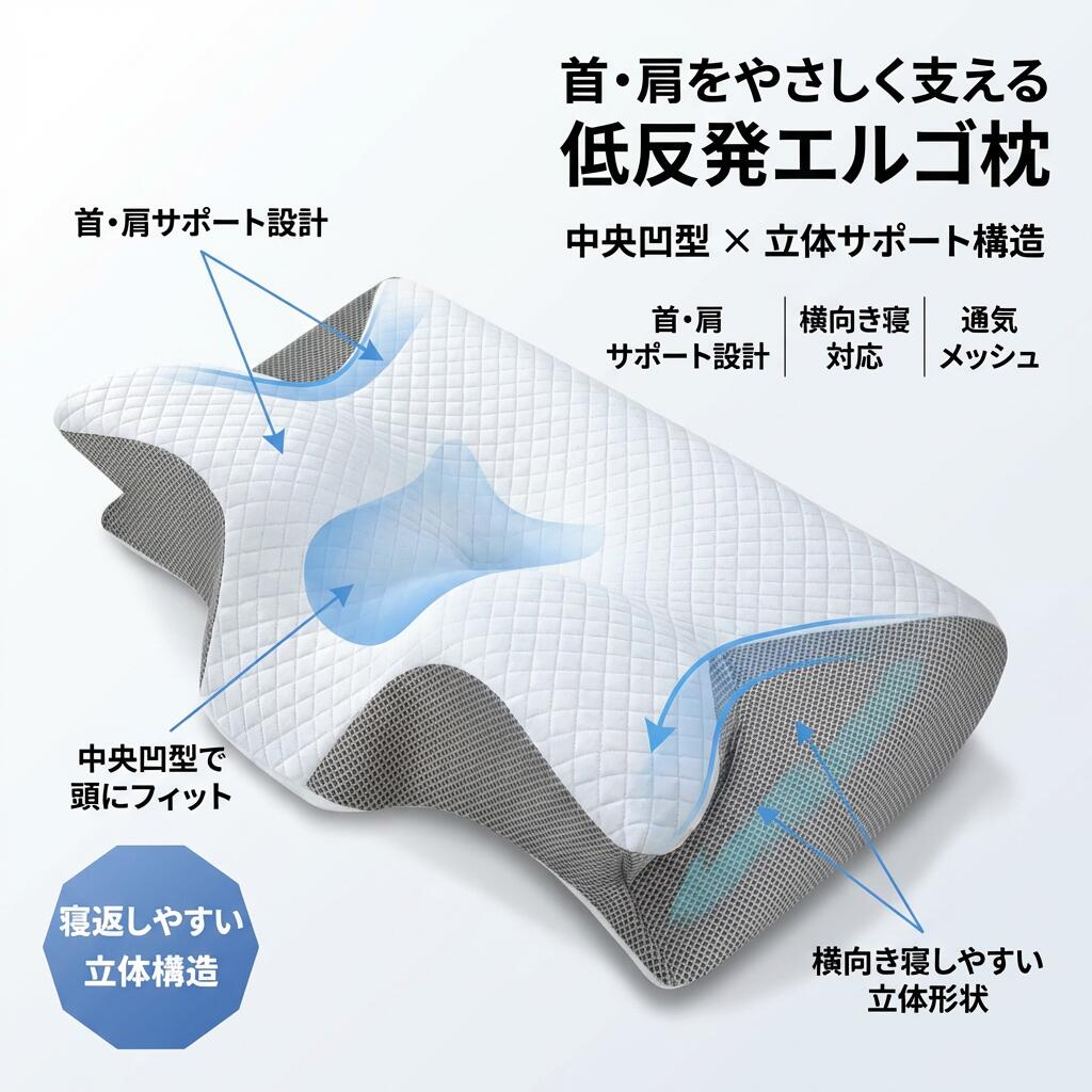 .肩こり 首こり に悩む方に最適な 低反発 枕 エルゴ枕 は 凹型 の 中空設計 で 横向き寝 や うつ伏せ にも対応し 快眠 をサポートします。37*62*12cm の サイズ で 男性 女性 の 寝具 として人気が高く 母の日 父の日 敬老の日 の ギフト にもおすすめです。 検索関連ワード 低反発枕, エルゴ枕, 快眠まくら, サポート枕, 中空設計, 横向き寝, うつ伏せ寝, 抱き枕, 肩こり解消, 首こり解消, ストレートネック対応, 人気まくら, おすすめまくら, 母の日ギフト, 父の日ギフト, 敬老の日ギフト, 寝具, まくら, ポイント消化, 新生活, 誕生日プレゼント, 快眠サポート, リラックス, スッキリ, おしゃれまくら, コンパクト, 男女兼用, 寝室, オフィス, 旅行用, 体圧分散, 低反発素材, 安眠, ふわふわ, 優しい肌触り, 便利なサイズ, プレゼント, ギフト, 376212cm, 人気商品, 話題の, お買い物マラソン, 楽天スーパーSALE, 定番アイテム, 癒し, ストレス解消, リフレッシュ, 快適睡眠 注意事項 ・ラッピング対応は行っておりません。 ・予告なく仕様変更になる場合がございます。 ・写真はイメージです。実際の商品と若干異なる場合がございます。 ・基本は全国一律送料無料と対応させていただきますが、沖縄・北海道・離島地域へお届けの場合は別途送料をご請求させていただきます。 ・商品のサイズは採寸方法によって、若干な誤差が生じる場合はあります。ご了承ください。 品質保証 ・出品商品は全て新品未使用です。 ・安心の初期不良対応 ：万が一商品に不具合があった場合は、商品到着後7日以内にご連絡ください。 ・不具合の状況確認のため、写真や動画のご提供をお願いする場合がございます。確認後、速やかに「新品交換」または「ご返金」にて対応させていただきます。 ・お客様に安心してご購入いただけるよう、誠心誠意サポートいたします。「悪い評価」を付ける前に、まずはお気軽にご相談ください。 検索関連ワード 低反発枕, エルゴ枕, 快眠まくら, 安眠, サポート枕, 首サポート, 肩サポート, 首こり, 肩こり, ストレートネック対応, ストレートネック, 凹型枕, 中空設計, 体圧分散, 低反発素材, 横向き寝, うつ伏せ寝, 仰向け対応, 抱き枕, 横向き寝用まくら, うつ伏せ用枕, まくら, 快眠サポート, 快適睡眠, リラックス, 癒し, スッキリ, リフレッシュ, おしゃれまくら, 高見え, コンパクト, 便利なサイズ, 376212cm, 小型枕, 男女兼用, 男性用寝具, 女性用寝具, 寝室, オフィス, 車内休憩, 旅行用枕, ふわふわ, 優しい肌触り, ギフト, プレゼント, 新生活, ポイント消化, 誕生日プレゼント, 母の日ギフト, 父の日ギフト, 敬老の日ギフト, ストレス解消, 定番アイテム, 話題の, 大人気, お買い物マラソン, 楽天スーパーSALE, 人気商品, 送料無料, おすすめまくら, 人気まくら注意事項：モニターの発色により、実物と異なる場合がございます。