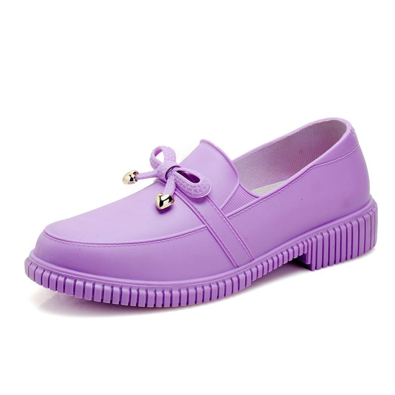 レインシューズ レディース 通勤 大人 歩きやすい 韓国 pvc 春秋 リボン かわいい 朝口 滑り止め 軽量 ローカット スリッポン ヒール キャンディカラー黒 緑 紫