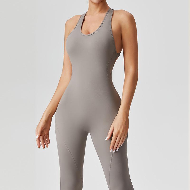 オールインワン レディース ノースリーブ 美背 ヨガ 素肌感 ヒップアップ 速乾 フィットネス ダンス トレーニング ランニング ロングパンツ ナイロン ライクラ 黒 コーヒー グレー