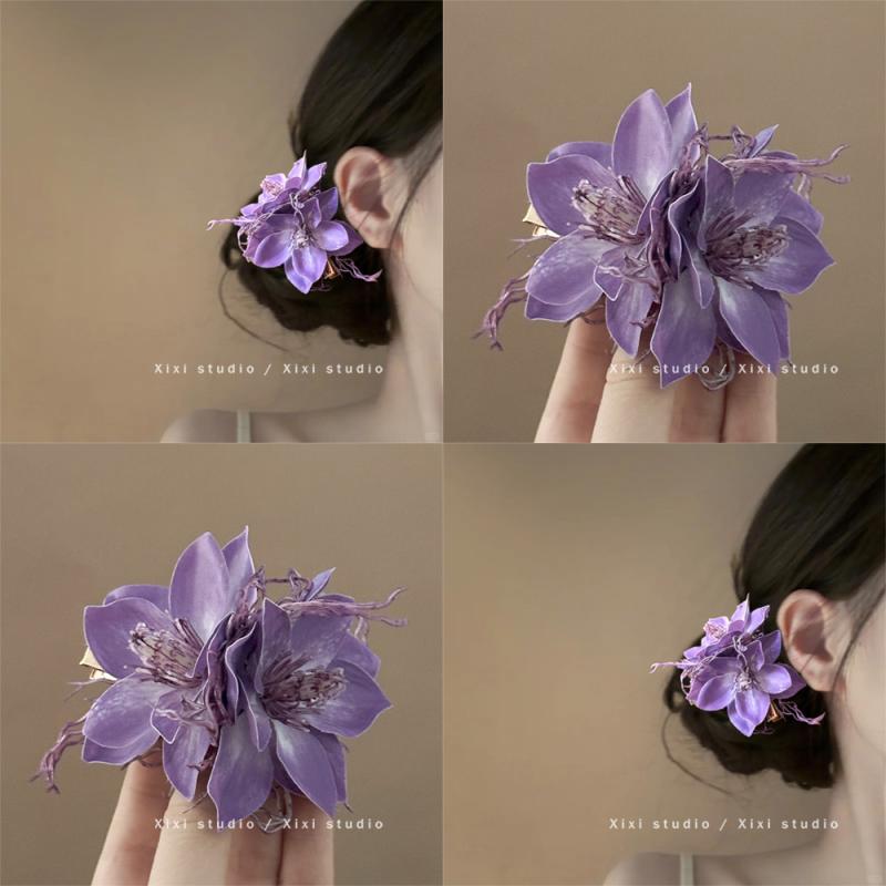 ヘアクリップ 紫 パープル 藤 藤の花 フラワー くちばしクリップ 幻想的 エレガント 優雅 華やか 古風 レトロ 上品 髪飾り ヘアアクセサリー