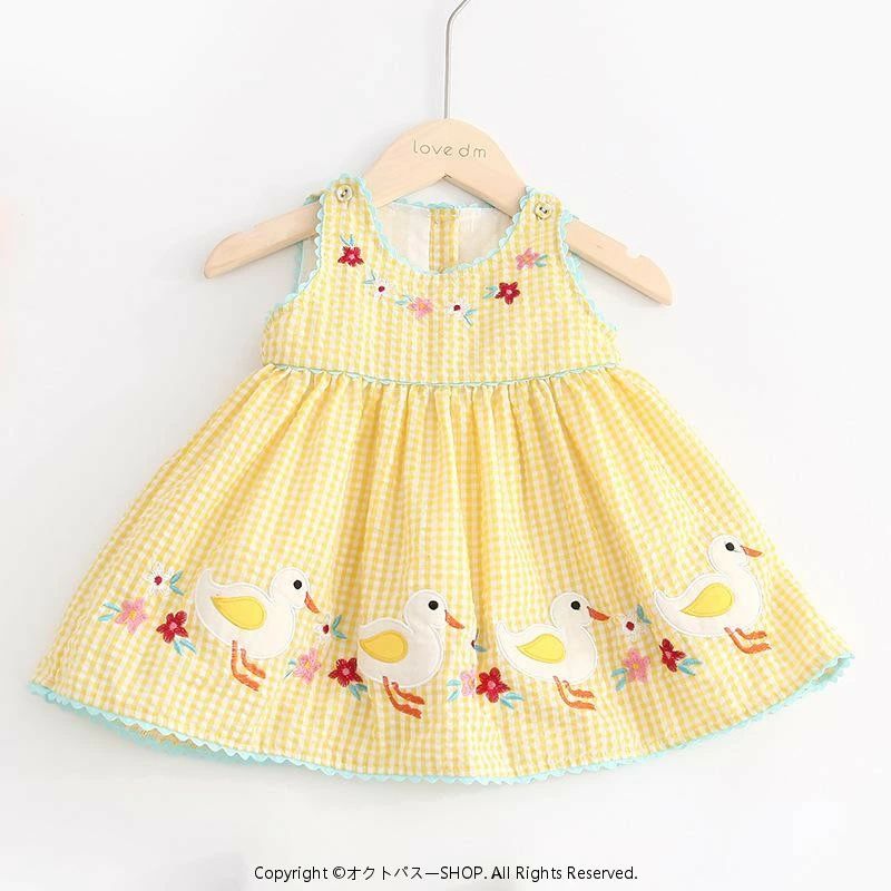 ワンピース ベビー 女の子 ノースリーブ アヒル柄 刺繍 チェック柄 綿混 夏服 フレア 子供服 かわいい おしゃれ カジュアル お出かけ 通園 保育園 幼稚園