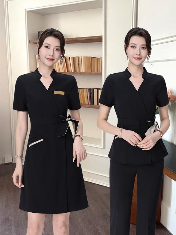 エステ制服 レディース 美容師 エステティシャン セラピスト 美容院 スパ クリニック 受付 店長 韓国風 高級感 上質 Vネック ユニフォーム 上下セット 吸湿速乾 パンツスーツ