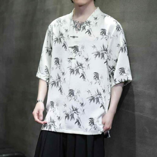 メンズ チャイニーズ スタイル 竹 葉 植物 インク プリント 半袖 Tシャツ 夏 薄氷 絹 唐装 漢服 ゆったり 夏 薄手 中国 Vネック 大きいサイズ 白 黒 メンズ チャイニーズ スタイル 竹 葉 植物 インク プリント 半袖 Tシャツ 夏 薄氷 絹 唐装 漢服 ゆったり 夏 薄手 中国 Vネック 大きいサイズ 白 黒