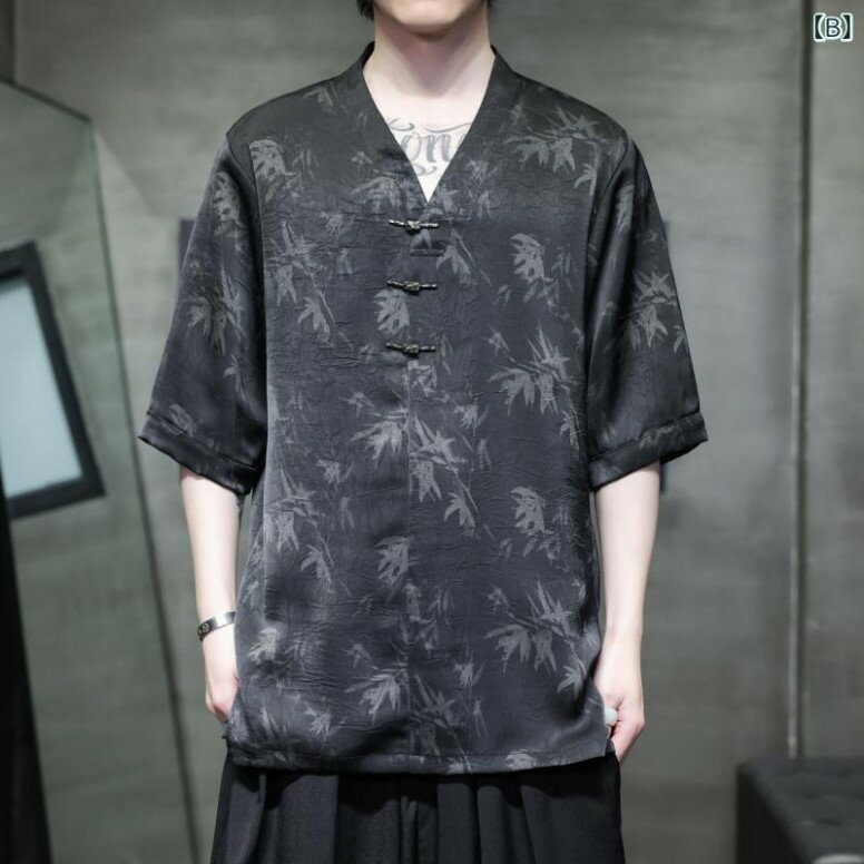 メンズ チャイニーズ スタイル 竹 葉 植物 インク プリント 半袖 Tシャツ 夏 薄氷 絹 唐装 漢服 ゆったり 夏 薄手 中国 Vネック 大きいサイズ 白 黒