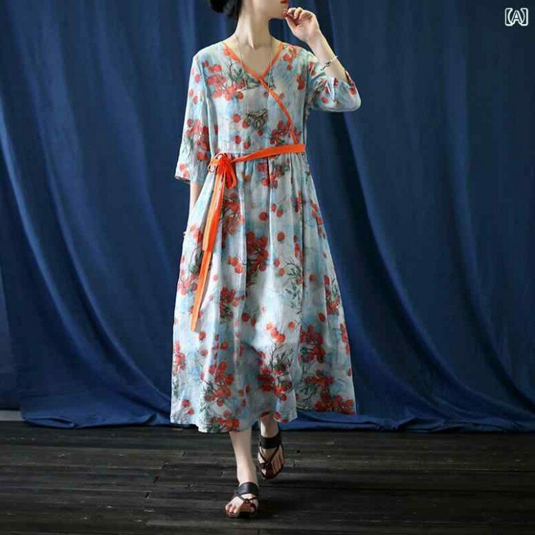 ワンピース エスニック ナチュラルスタイル リラックスフィット レディース 婦人服 サマードレス エスニック 花柄 五分袖 ハイウエスト スリムフィット