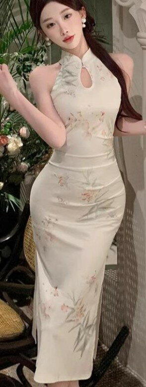 レディース ファッション パーティー コス かわいい キレイ 魅惑的 中国 チャイナ ドレス 女性 サマー ドレス プリント オープン ホルター ネック ヒップ カバー ドレス