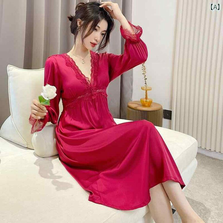 ナイトウェア 女性用 冷感 長袖 ソリッドカラー レース ナイトガウン 胸パッド 魅惑的 春秋 薄手 Vネック パジャマ 赤 ロングスカート