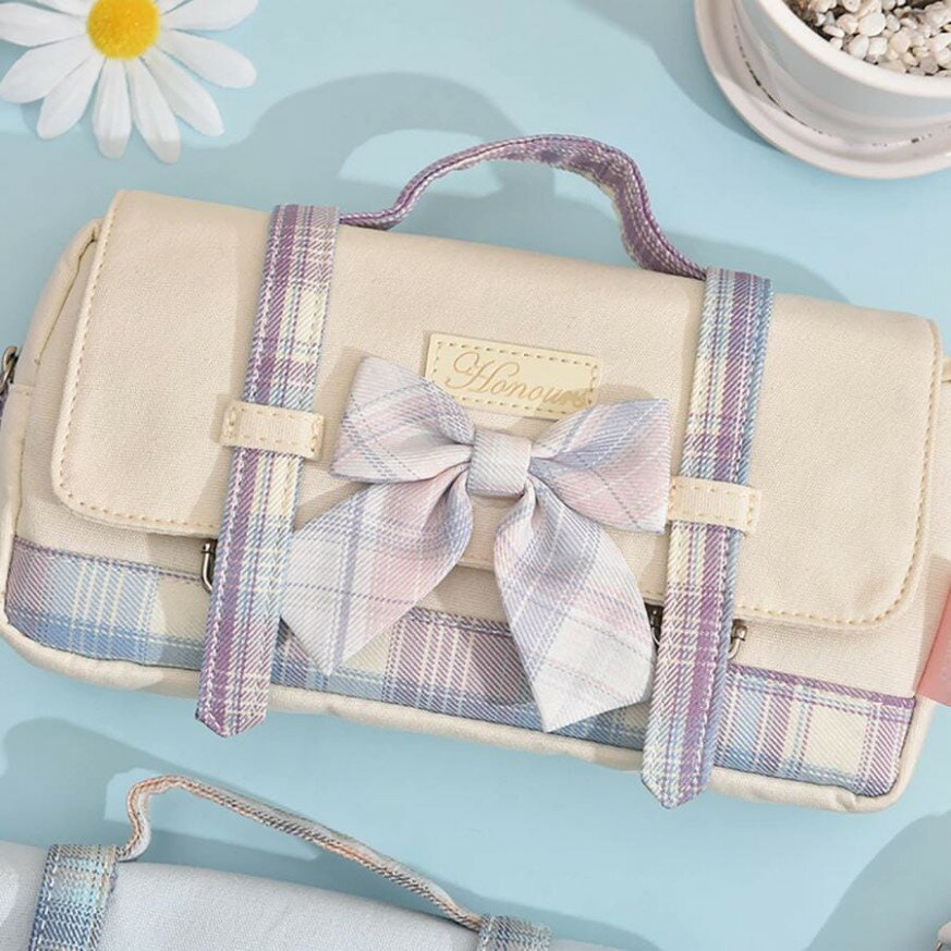 かわいい かばん型 ペンケース チェック柄 リボン付き 筆箱 大容量 可愛い 蝶結び 中学生 小学生 女の子 ガールズ 子供 ペンポーチ 筆入れ ふでばこ おしゃれ