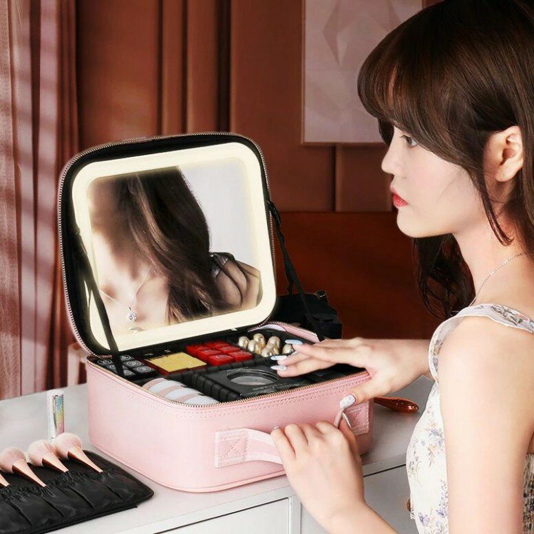 メイクボックス 鏡付き 3色LEDライト付き コスメボックス メイクブラシバッグ EVA化粧ポーチ 大容量 コスメポーチ メイクポーチ 手提げ式 プロ用 小型 防塵 收納抜群 仕切り 調整可能 通勤 出張 旅行用 衝撃吸収 化粧品ケース
