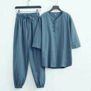 リネン 綿麻甚平 メンズ パジャマ 綿麻 ヘンリーネック 上下セット 男性 麻 涼しい...