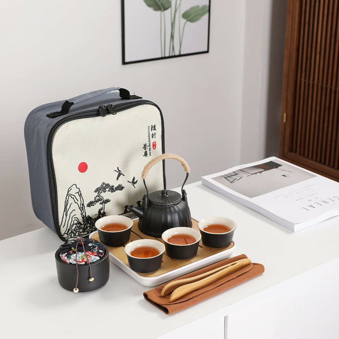 茶器セット 旅行ティーセット 携帯用 旅行 収納バッグ付き 陶器 急須 湯呑セット ティーセット 茶器 茶皿 茶器乾燥ティートレー 茶器セット簡単1-3人用携帯 旅行/お出かけ用 中国茶/日本茶/紅茶 ピクニック キャンプ 登山 wansuteikusu-10008286 ワンステークス サンプル画像2