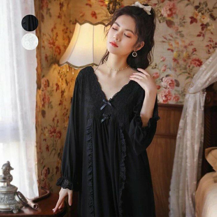 レディース フリル チュール 姫系 ネグリジェ 寝巻き 長袖 ロング丈 セクシー princess レース ルーム..