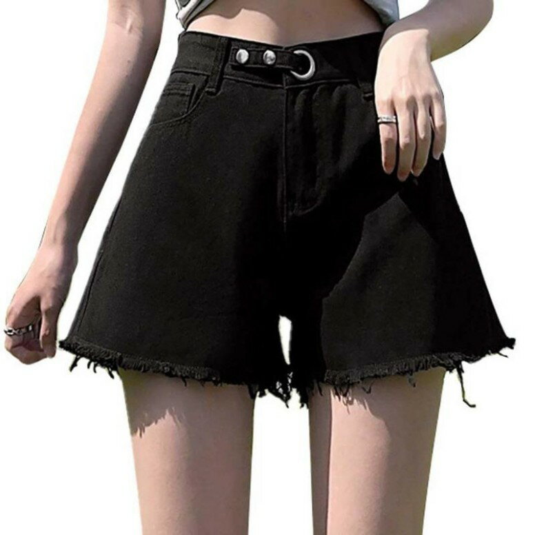 [アイカ] デニム ショートパンツ ショーパン キュロットパンツ 短パン ホットパンツ ショート丈 ハイウエスト カットオフ 切りっぱなし ゆったり 可愛い Aライン 無地 レディース