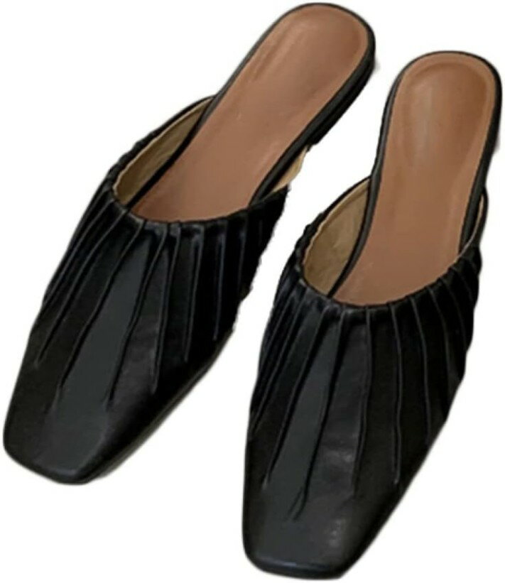 ミュールパンプス OL オフィスサンダル プリーツ? チャンキーヒール とんがり 黒 サボサンダル レディース ハイヒール つっかけサンダル 太めヒール オシャレ シンプル スリッパ バブーシュ フォ