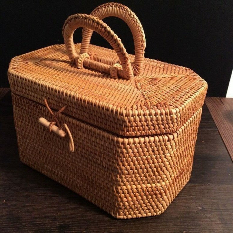 楽天ワンステークスベトナム籐 裁縫箱 ピクニック キャンプ キッチン収納 リビング収納 雑貨収納 茶箱 八角形