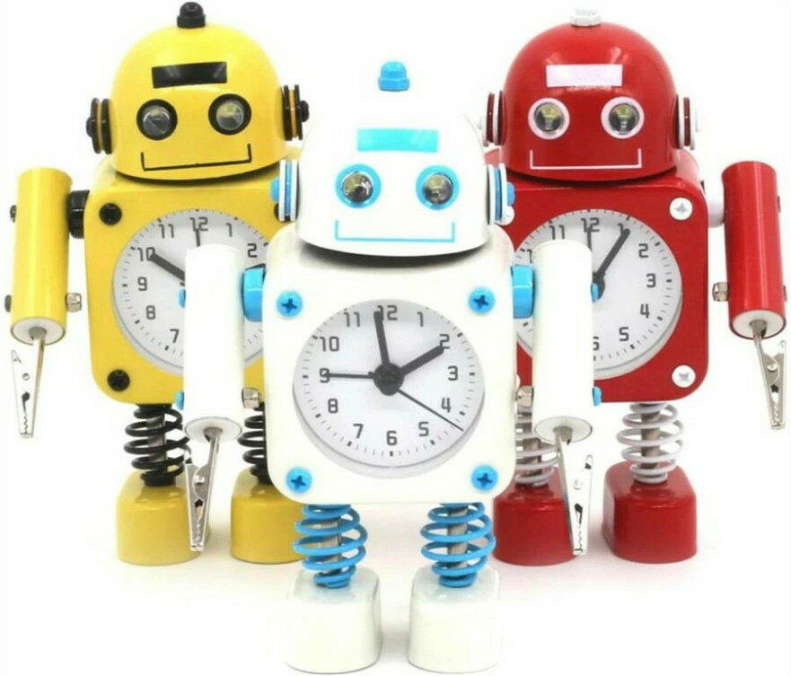 Brown - 非カチカチ ロボット 目覚まし時計 ロボット目覚まし時計 ステンレス メタル - ウェイクアップクロック 点滅 アイライト と ハンドクリップ付き