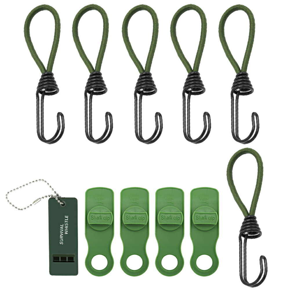 ストレッチコード テントクリップ 大音量ホイッスル 11点セット テント タープ部品 張綱ツインフック 固定用 防風 取り付け簡単 タープクリップ 屋外 キャンプ用 (グリーン)