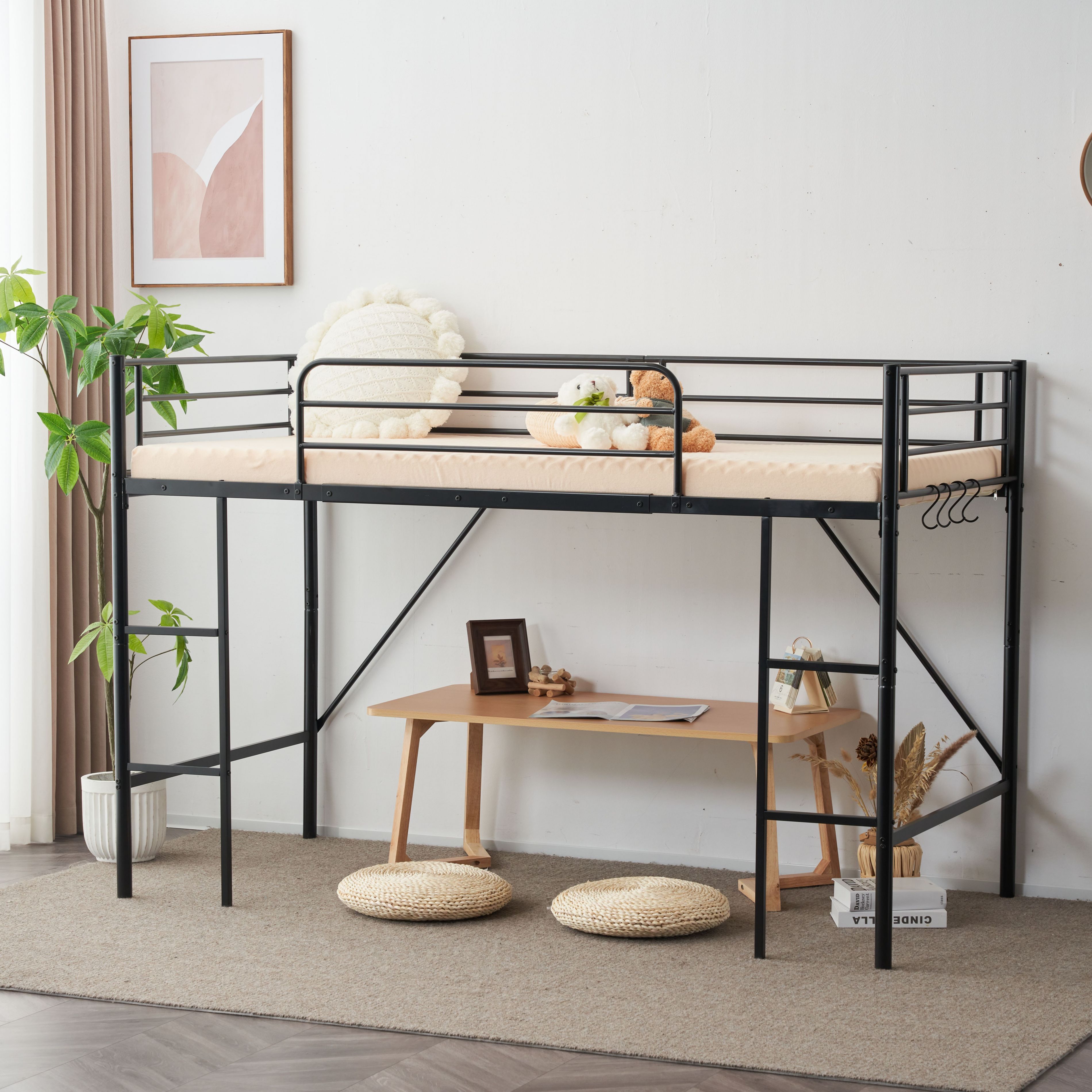 ロフトベッド パイプベッド シングル ベッド デスク付 シングルベッド 木 収納 北欧風 子供部屋 スチール 耐震 ベッド 【ホワイト】