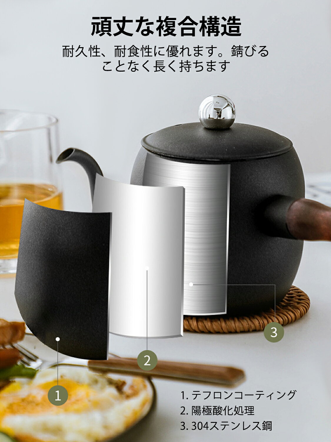 ドリップポット 木製ハンドル ドリップケトル コーヒー 珈琲 500ml 大容量 コーヒーポット 直火・IH対応 ステンレス製 長い 細口 グースネック注ぎ口 蓋つき コーヒーケトル 自宅 キャンプ用 お手入れ簡単 コーヒー お茶用品 wanyuanshop-10002315 萬源shop サンプル画像2
