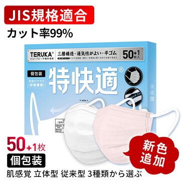 【JIS規格適合】TERUKA マスク 50枚+1枚 個包装 175mm 165mm 145mm 大人用 女性用 男性用 不織布マスク メルトブロー不織布 フィルター ほこり 花粉対策 飛沫防止 防護マスク BFE/PFE/VFE99%日本機構認証あり