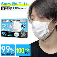 TERUKA マスク 個包装 100+2枚 大きめ 175mm 平ゴム 使い捨てマスク 大人用 男性用 女性用 マスクゴム メルトブロー不織布 不織布マスク 送料無料 ほこり ウイルス 花粉対策 飛沫防止 防護マスク