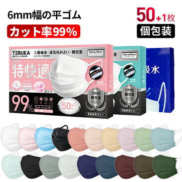 【個包装】TERUKA 血色マスク 敏感肌 不織布 カラー 立体マスク ホワイト ブラック ピンク ブルー 50枚+1枚 平ゴム 不織布マスク 送料無料 オメガプリーツ フィルター ほこり 花粉対策 飛沫防止 防護マスク 女性用 大人用 男性用 中学生用 送料無料 肌荒れ しない