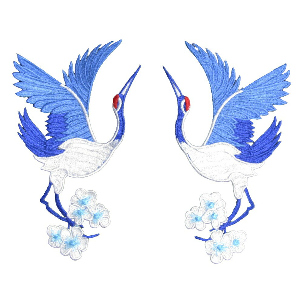 乐天商城 - ワッペン 鳥 鶴 一対 青 片方 縦17cm 横9.7cm