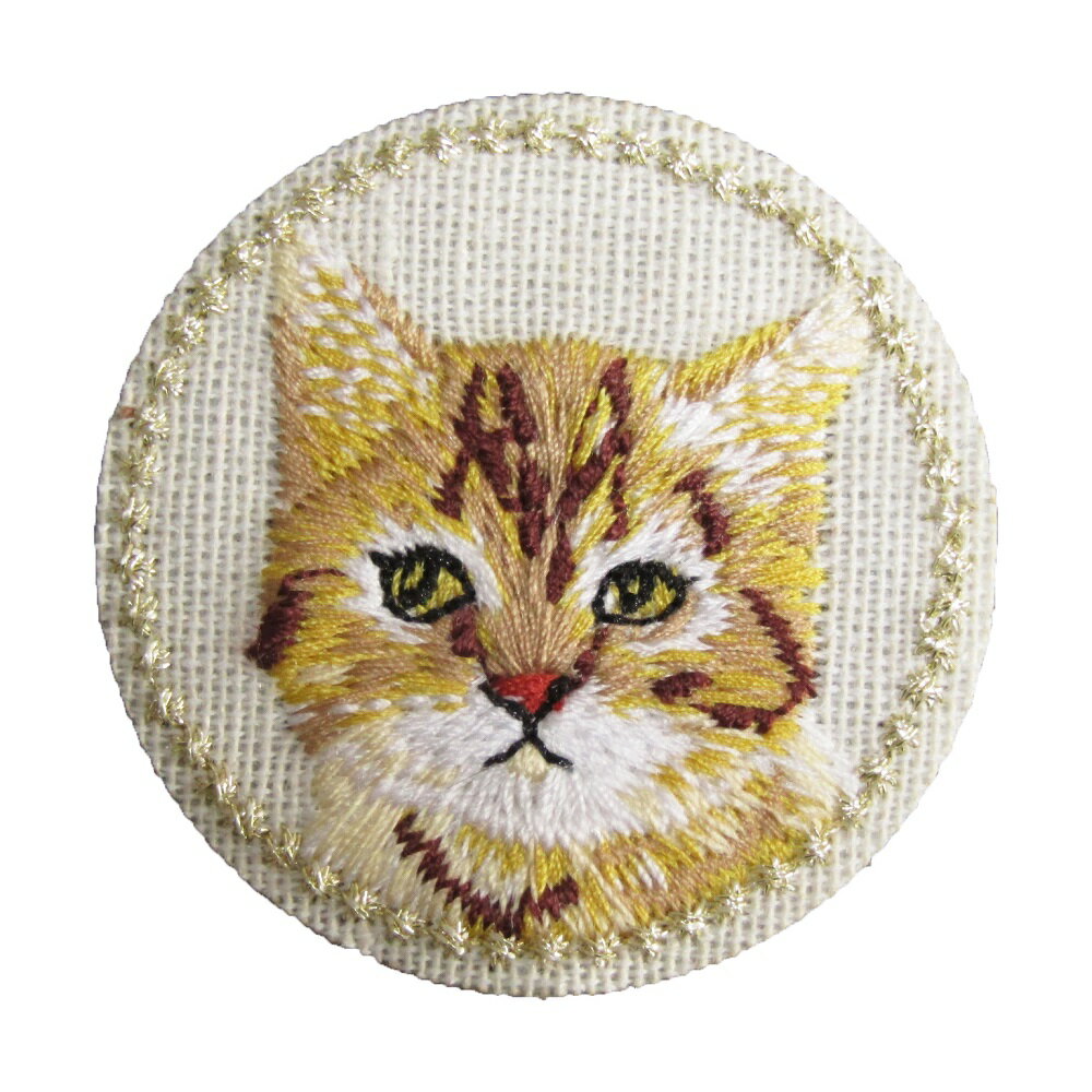 アイロンワッペン 刺繍 動物 円 6 ネコ 縦4.1cm 横4.1cm