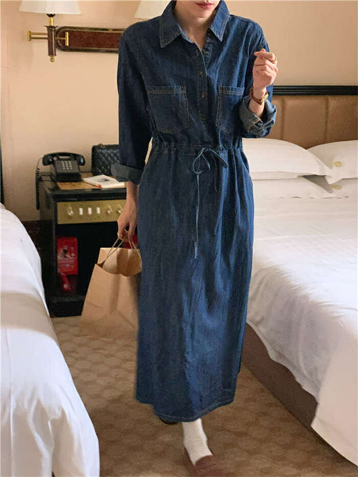 ワンピース デニム ワンピース 春 秋 長袖 ロング丈 デニムワンピ マキシ丈 Aライン きれいめ レディース デニムワンピース ゆったり 体型カバー シンプル カジュアル 着・せ ウエストマーク お洒落 柔らか 通勤 普段着 着心地 上品