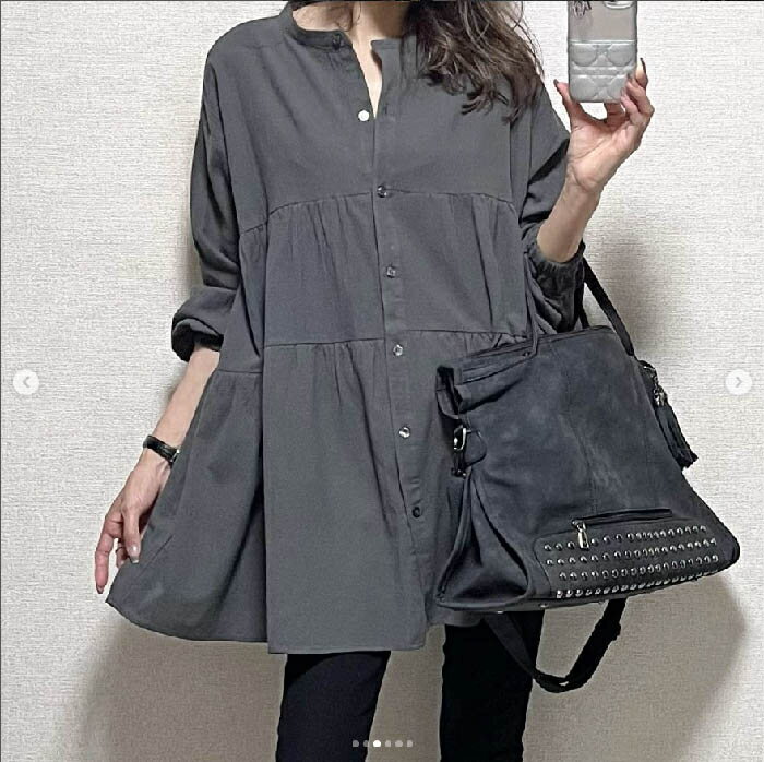 シャツ レディース ティアード 秋 春 長袖 チュニック ボリューム袖 シャツ ブラウス 大きいサイズ ゆったり 春秋 オシャレ シンプル カジュアル 着回し 体型カバー ゆったり ゆるシャツ ブラック 黒 きれいめ