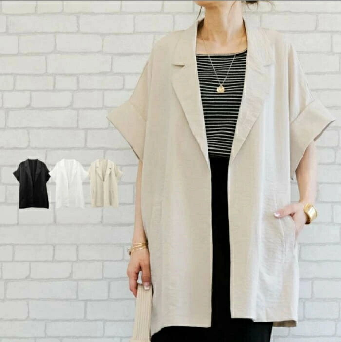 【2点600円割引】テーラードジャケット 半袖 ジャケット レディース ベスト コート アウター 綿麻ライク 羽織 トップス ショート丈 着回し力 レイヤード 重ね着 着痩せ 体型カバー シンプル カジュアル おしゃれ 無地 春 秋 通勤 OL