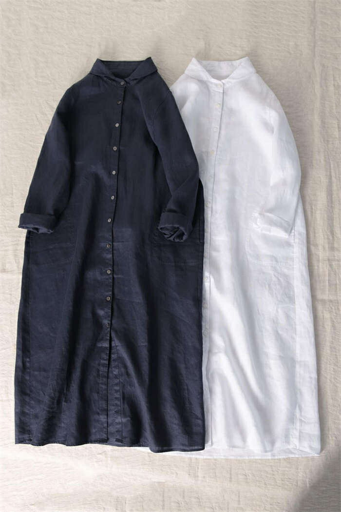 リネン シャツワンピース バンドカラー 春 秋 夏 長袖 リネン コットン バンドカラー シャツ ワンピース レディース 体型カバー ロング丈 大きいサイズ ゆったり 着痩せ 紫外線対策 UVカット シンプル お洒落 おしゃれ ゆるっと 着回し