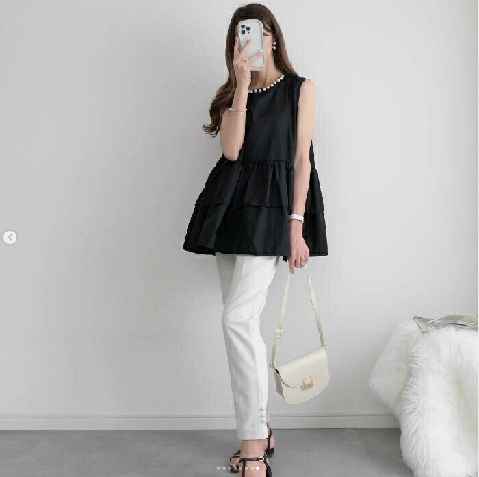 Sleeveless - 【2点600円割引】タンクトップ レディース 春 夏 パール付き ティアード トップス チェック柄 無地 チュニック ノースリーブ トップス ノースリーブ タンク 夏 コーデ ショート丈 Aライン シンプル ゆったり 着回し お洒落 きれいめ カジュアル
