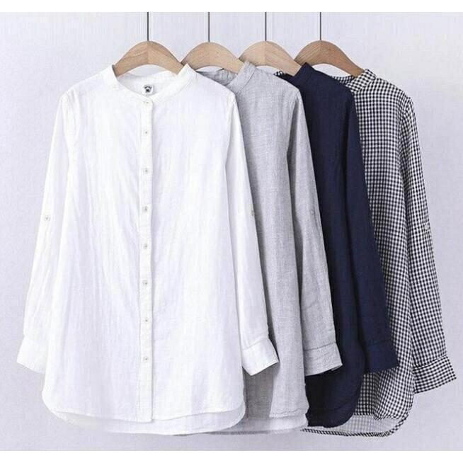 ガーゼ シャツ ガーゼシャツ レディース ブラウス 長袖 ブラウス バンドカラー スタンドカラー 白シャツ 春 秋 立ち襟 チェック柄 無地 綿 2重ガーゼ トップス 大きいサイズ ゆったり オシャレ シンプル カジュアル 着回し 母の日(4)