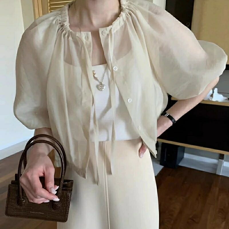 サマーカーディガン ボレロ 半袖 カーディガン ぽワン袖 透け感 ショート丈 UVカット かわいい おしゃれ シアー レディース 冷房対策 日焼け対策 紫外線対策 羽織 春 夏 秋 リボン 薄手 シンプル 無地 エアコン対策 カジュアル きれいめ フリーサイズ