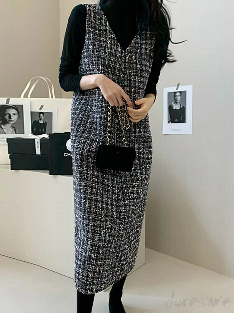 ワンピース 春 秋 レディース ツイード Vネック ロング丈 ジャンスカ ジャンパースカート 春 ツイード ワンピース ノースリーブ 重ね着 体型カバー 可愛い 大きいサイズ カジュアル 着痩せ 通勤 入学式