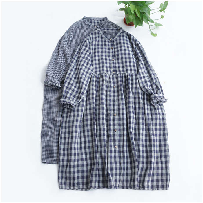 シャツワンピース チェック柄 長袖 秋 ワンピース バンドカラー チュニック ロング丈レディース 春 ガーゼ ダブルガーゼ ガーゼワンピース 綿 コットン 長袖 大きいサイズ ゆったり オシャレ シンプル カジュアル 着回し 体型カバー ゆるっと