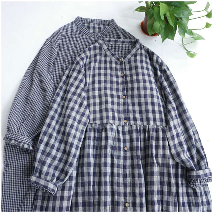 シャツワンピース チェック柄 長袖 秋 ワンピース バンドカラー チュニック ロング丈レディース 春 ガーゼ ダブルガーゼ ガーゼワンピース 綿 コットン 長袖 大きいサイズ ゆったり オシャレ シンプル カジュアル 着回し 体型カバー ゆるっと