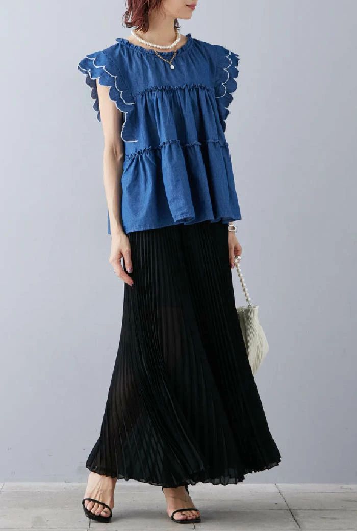 【2点600円割引】ブラウス レディース フリル袖 デニム ティアード トップス 切り替え Tシャツ デニム タンクトップ フレア袖 春 秋 夏 きれいめ カットソー ゆったり 可愛い お洒落 着回し抜群 カジュアル 体型カバー