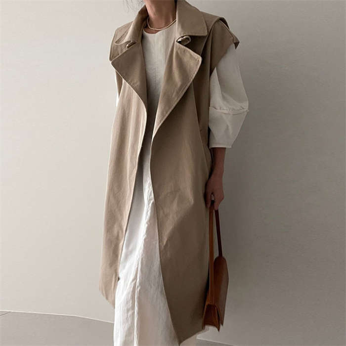 【2点600円割引】ベスト レディース ロング丈 ロングベスト ロングジレ トレンチコート コート ノースリーブ ベスト ジレ ロング 羽織り 裏地あり 上着 トレンチベスト ジャケット ロング丈ジレ 春 秋 アウター レイヤード風
